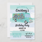 ティール（緑がかった色）ブルーフードトラックバースデーパーティーカスタム 招待状 (正面)
