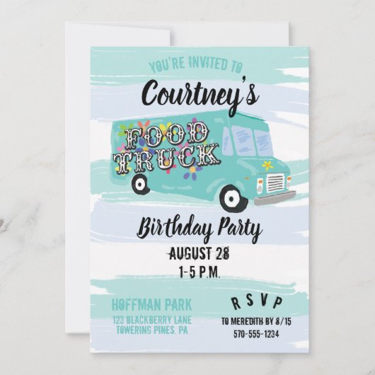 ティール（緑がかった色）ブルーフードトラックバースデーパーティーカスタム 招待状 (正面)