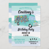 ティール（緑がかった色）ブルーフードトラックバースデーパーティーカスタム 招待状 (正面/裏面)