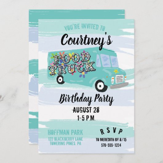 ティール（緑がかった色）ブルーフードトラックバースデーパーティーカスタム 招待状 (正面/裏面)