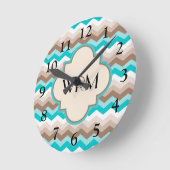 ティール(緑がかった色)ブルーブラウンシェブロンモノグラムモダン ラウンド壁時計 (傾斜)