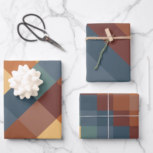 ティール（緑がかった色）ブルーブラウンタンイエロー秋秋パターンWR ラッピングペーパーシート (正面)