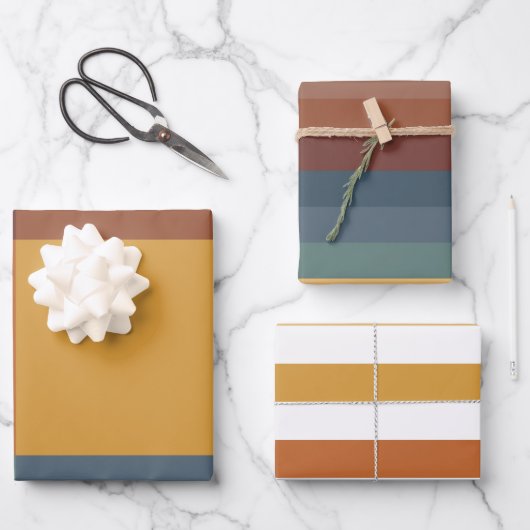 ティール（緑がかった色）ブルーブラウンタンイエロー秋秋模様 ラッピングペーパーシート (正面)