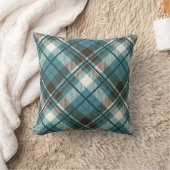ティール(緑がかった色)ブルーブラウンプレイド クッション (ブランケット)