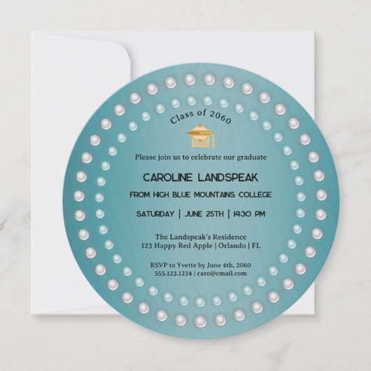 ティール(緑がかった色)ブルーブラシ仕上げメタル&パール卒業 招待状 (正面)