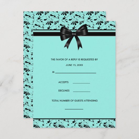 ティール（緑がかった色）ブルーブラックスワールアクア招待状RSVPカード 出欠カード (正面/裏面)