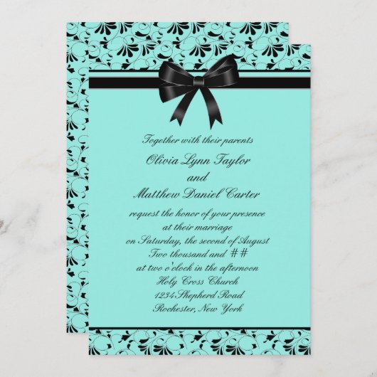 ティール（緑がかった色）ブルーブラックスワールアクア5x7結婚式招待状 招待状 (正面/裏面)