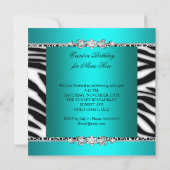 ティール（緑がかった色）ブルーブラックゼブラホワイトジュエルバースデーパーティー 招待状 (裏面)