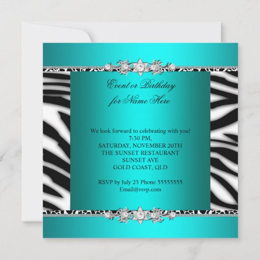 ティール(緑がかった色)ブルーブラックゼブラホワイトジュエルバースデーパーティー 招待状 (裏面)