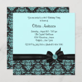 ティール（緑がかった色）ブルーブラックダマスクスウィート16パーティー 招待状 (正面/裏面)