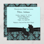 ティール（緑がかった色）ブルーブラックダマスクブライダルシャワー 招待状 (正面/裏面)