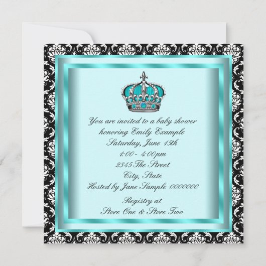 ティール(緑がかった色)ブルーブラックダマスクプリンス男の赤ちゃんシャワー 招待状 (裏面)