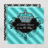ティール（緑がかった色）ブルーブラックダマスクプリンス男の赤ちゃんシャワー 招待状 (正面/裏面)