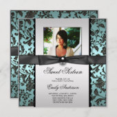 ティール(緑がかった色)ブルーブラックダマスク写真甘い16パーティー 招待状 (正面/裏面)