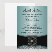 ティール（緑がかった色）ブルーブラックダマスクSweet sixteenパーティー 招待状 (正面/裏面)