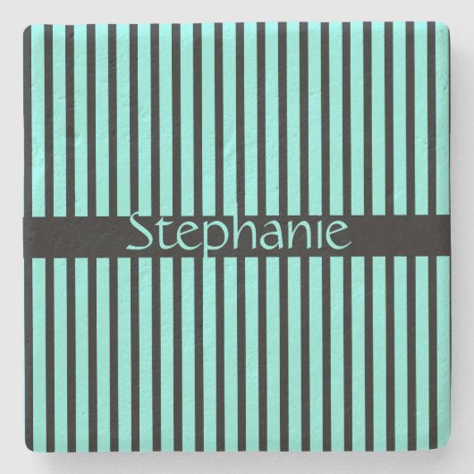 ティール(緑がかった色)ブルーブラックベビーシャワー名前をカスタムするストライプ  ストーンコースター (正面)