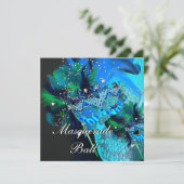 ティール（緑がかった色）ブルーブラックマスクマスカレードボールパーティー 招待状 (スタンド正面)