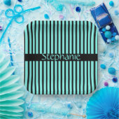 ティール(緑がかった色)ブルーブラック名前をカスタムするストライプベビーシャワー ペーパープレート (パーティー)