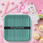 ティール(緑がかった色)ブルーブラック名前をカスタムするストライプベビーシャワー ペーパープレート (パーティー)