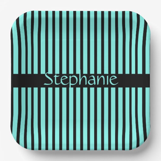 ティール(緑がかった色)ブルーブラック名前をカスタムするストライプベビーシャワー ペーパープレート (正面)