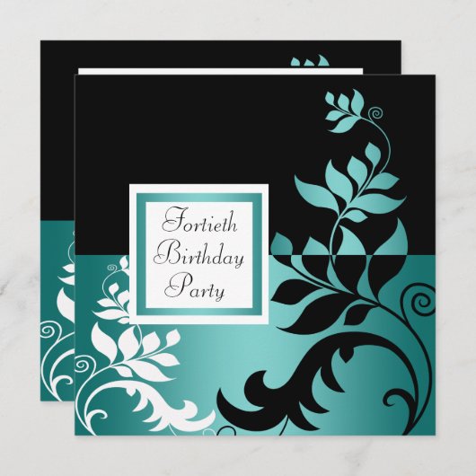 ティール(緑がかった色)ブルーブラック女性40th誕生日パーティー 招待状 (正面/裏面)