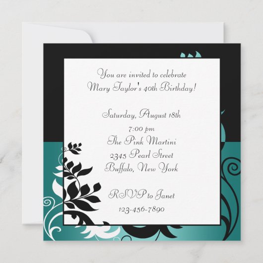 ティール(緑がかった色)ブルーブラック女性40th誕生日パーティー 招待状 (裏面)