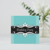 ティール（緑がかった色）ブルーブラック水玉模様ウーマンズバースデーパーティー 招待状 (スタンド正面)