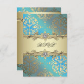ティール（緑がかった色）ブルーブラック金ゴールドダマスクRSVP 出欠カード (正面/裏面)