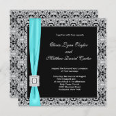 ティール(緑がかった色)ブルーブラック&シルバー結婚ズ 招待状 (正面/裏面)