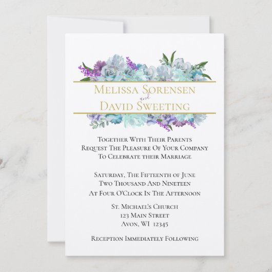 ティール（緑がかった色）ブルーブーケトラディティ結婚ズスイートセレモニー 招待状 (正面)