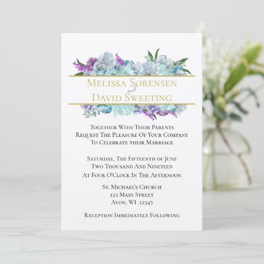 ティール（緑がかった色）ブルーブーケトラディティ結婚ズスイートセレモニー 招待状 (スタンド正面)