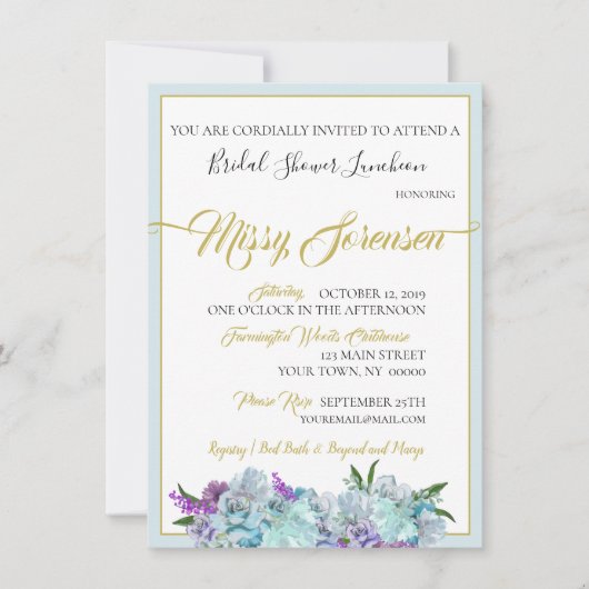 ティール（緑がかった色）ブルーブーケ結婚ズスイートシャワーパーティー 招待状 (正面)