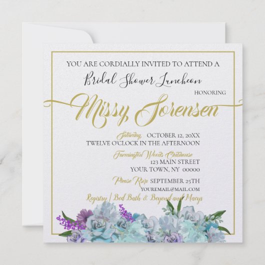 ティール（緑がかった色）ブルーブーケ結婚ズスイートブライダルシャワー 招待状 (裏面)