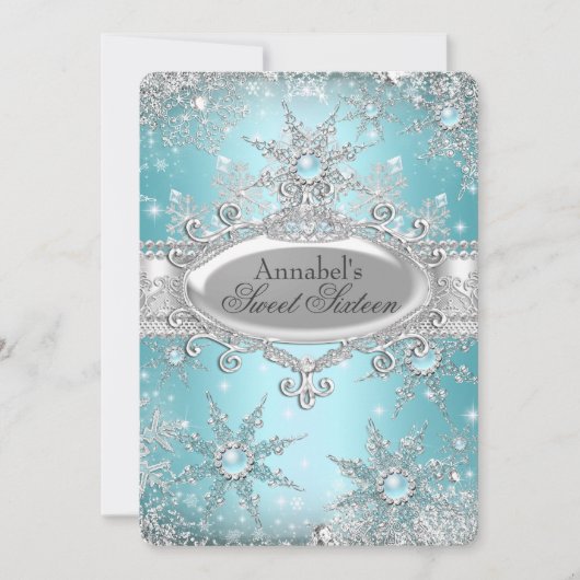 ティール(緑がかった色)ブループリンセスウィンターワンダーランドスウィート16 招待状 (正面)