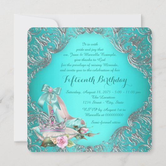 ティール（緑がかった色）ブループリンセスティアラキンセアニェラ 招待状 (裏面)