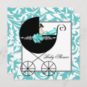 ティール(緑がかった色)ブルーベビーキャリッジベビーシャワー招待状 招待状 (正面/裏面)