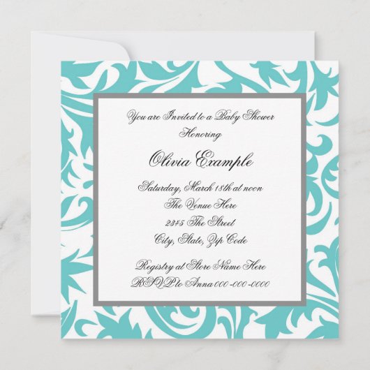 ティール（緑がかった色）ブルーベビーキャリッジベビーシャワー招待状 招待状 (裏面)