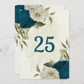 ティール(緑がかった色)ブルーベージュフローラ植物表番号カード 招待状 (正面/裏面)