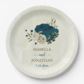ティール（緑がかった色）ブルーベージュフローラ結婚植物薬 ペーパープレート (正面)
