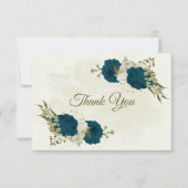 ティール（緑がかった色）ブルーベージュ花ボタニッ結婚クス サンキューカード (正面)