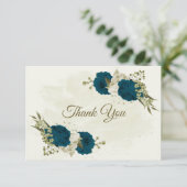 ティール（緑がかった色）ブルーベージュ花ボタニッ結婚クス サンキューカード (スタンド正面)