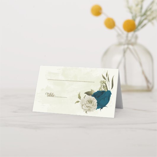 ティール(緑がかった色)ブルーベージュ花ボタニッ結婚クス プレイスカード (正面)