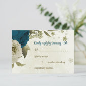 ティール(緑がかった色)ブルーベージュ花ボタニッ結婚クス 出欠カード (スタンド正面)