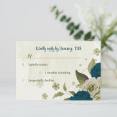 ティール（緑がかった色）ブルーベージュ花ボタニッ結婚クス 出欠カード (スタンド正面)