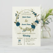ティール（緑がかった色）ブルーベージュ花ボタニッ結婚クス 招待状 (スタンド正面)