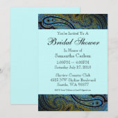 ティール（緑がかった色）ブルーペイズリーピーコックブライダルシャワー 招待状 (正面/裏面)