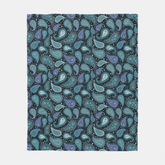 ティール(緑がかった色)ブルーペイズリーフローラルパターン フリースブランケット (正面)