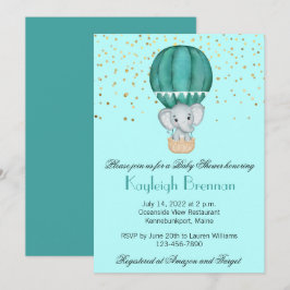 ティール（緑がかった色）ブルーホットエアバルーン男の赤ちゃんエレファントシャワー 招待状