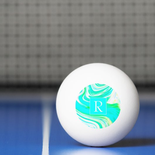 ティール（緑がかった色）ブルーホワイトイエローウェーブ抽象芸術モノグラム 卓球ボール (ネット)