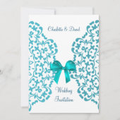 ティール（緑がかった色）ブルーホワイトエレガントクラスレース結婚ズ 招待状 (正面)